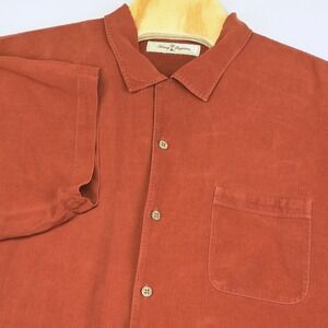 Tommy Bahama Silk Shirt XL Mens Rust Brown Embroidered Camp Button Up